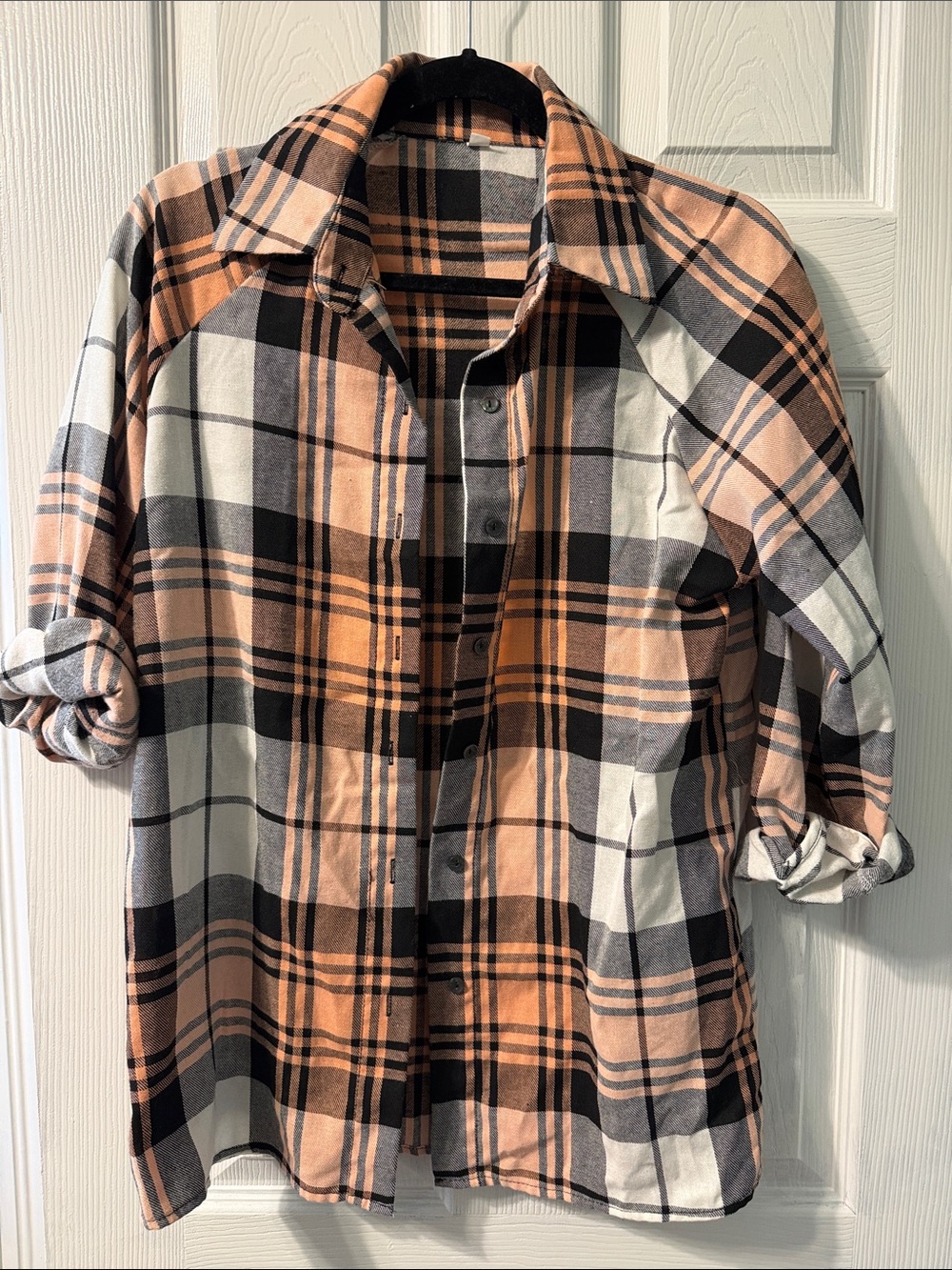 Women’s Plaid Button-Up Shirt in Peach and Black